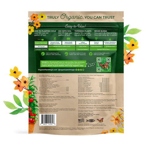 Organic Plant Magic spreadable granules on soil for easy versatile feeding.