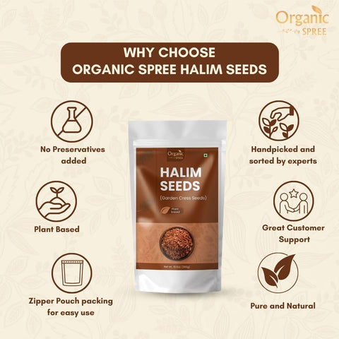 Organic Spree Halim seeds nutritional profile with vitamins and minerals.