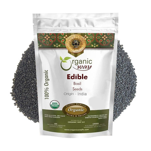 Organic Way edible basil seeds in a 16 oz pack ready for drinks.