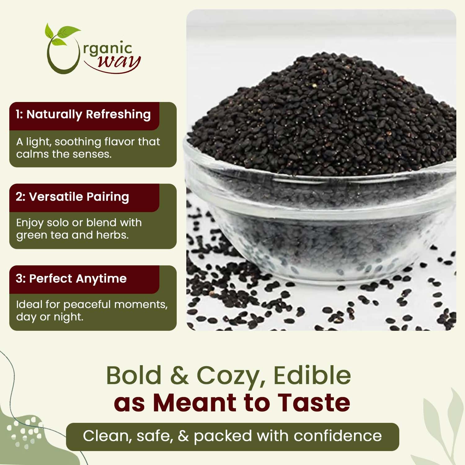 Organic Way sabja seeds shown for bottle-based beverage prep.