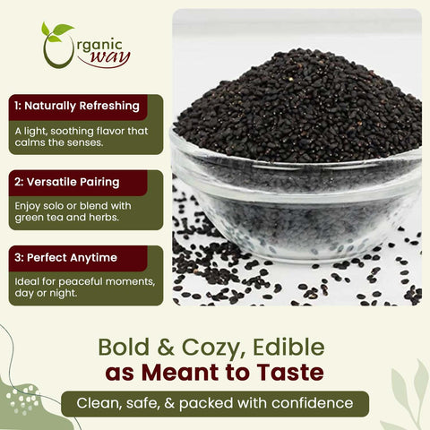 Organic Way sabja seeds shown for bottle-based beverage prep.