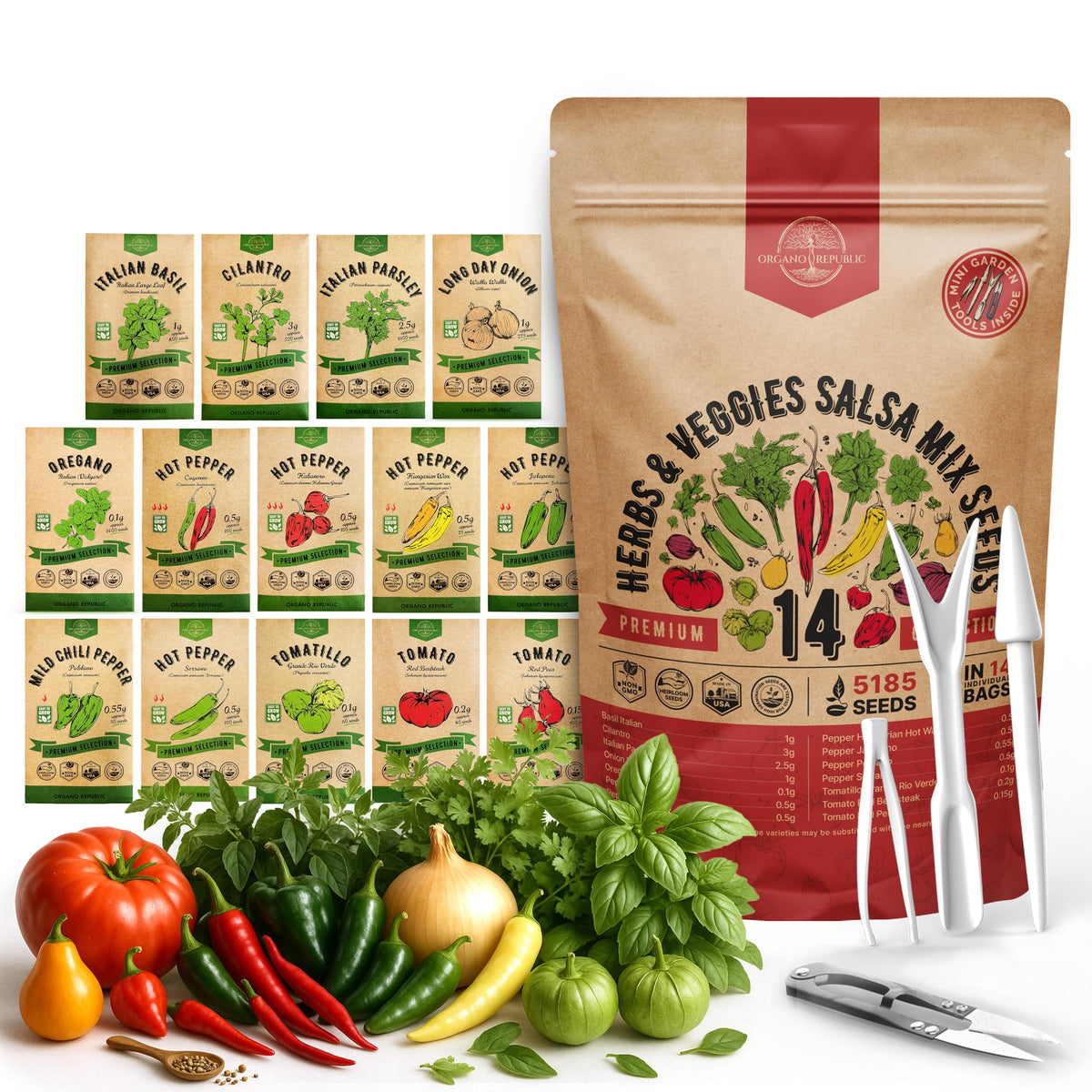 Organo Republic 14 herbs and veggies salsa mix seed pack cover for home gardening