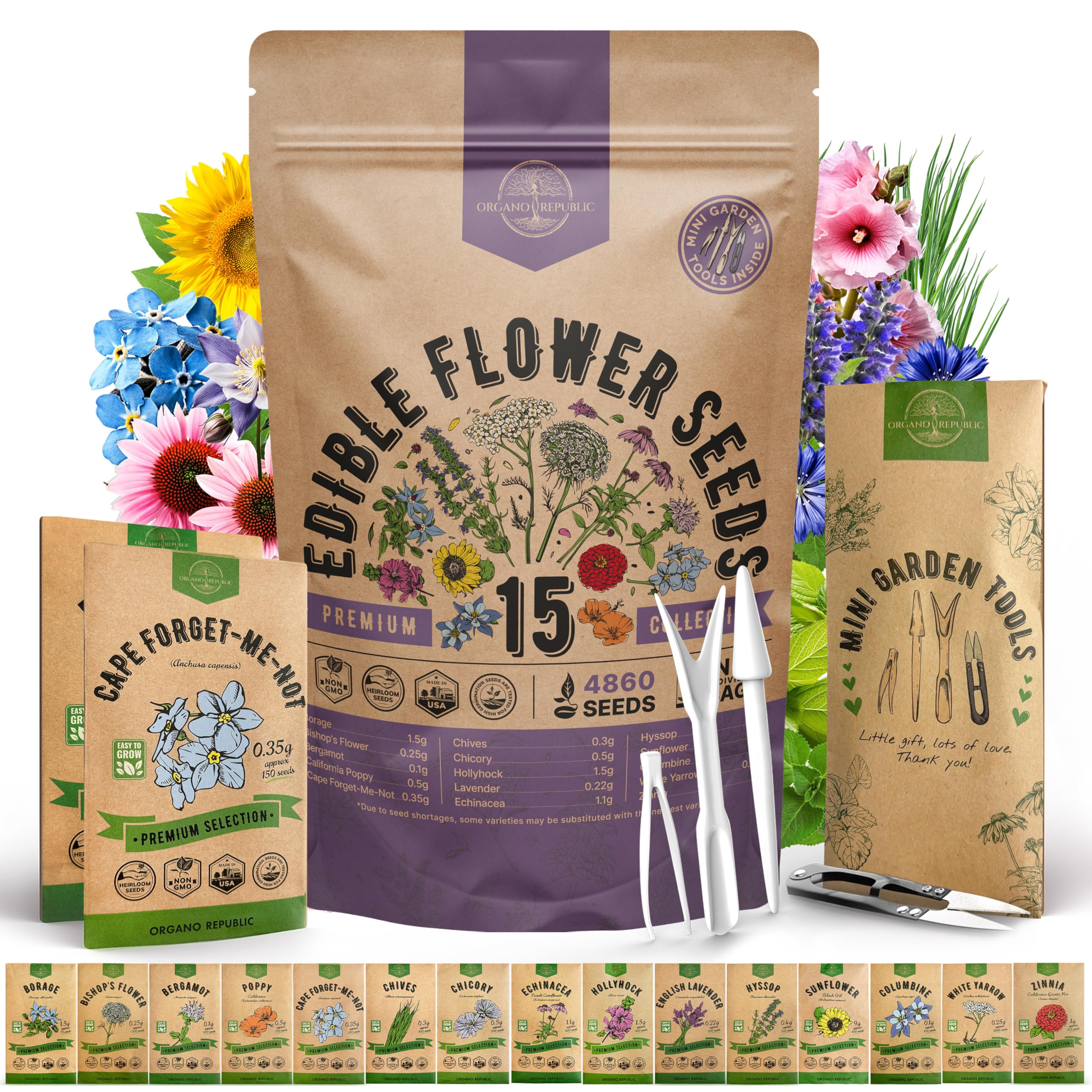 Organo Republic 15 edible flower seeds pack front view for indoor outdoor planting