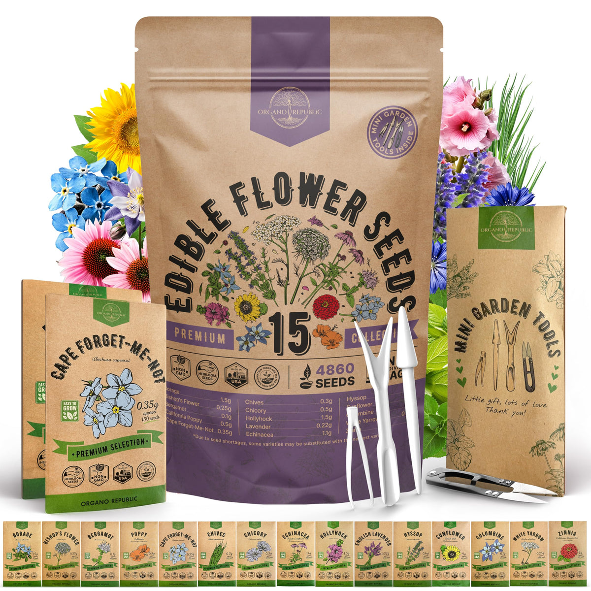 Organo Republic 15 edible flower seeds pack front view for indoor outdoor planting