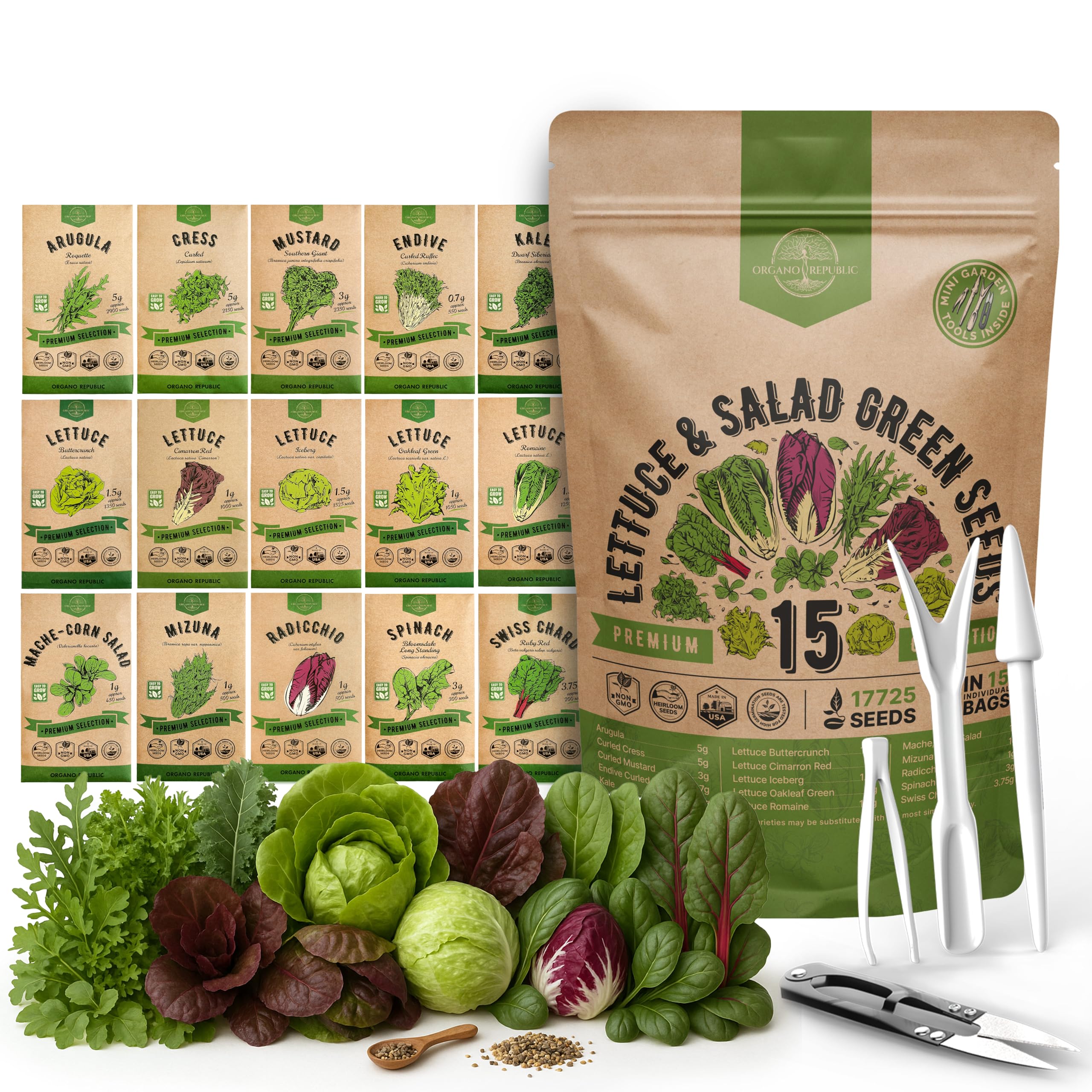 Organo Republic 15 lettuce seeds variety pack front view for home gardens.