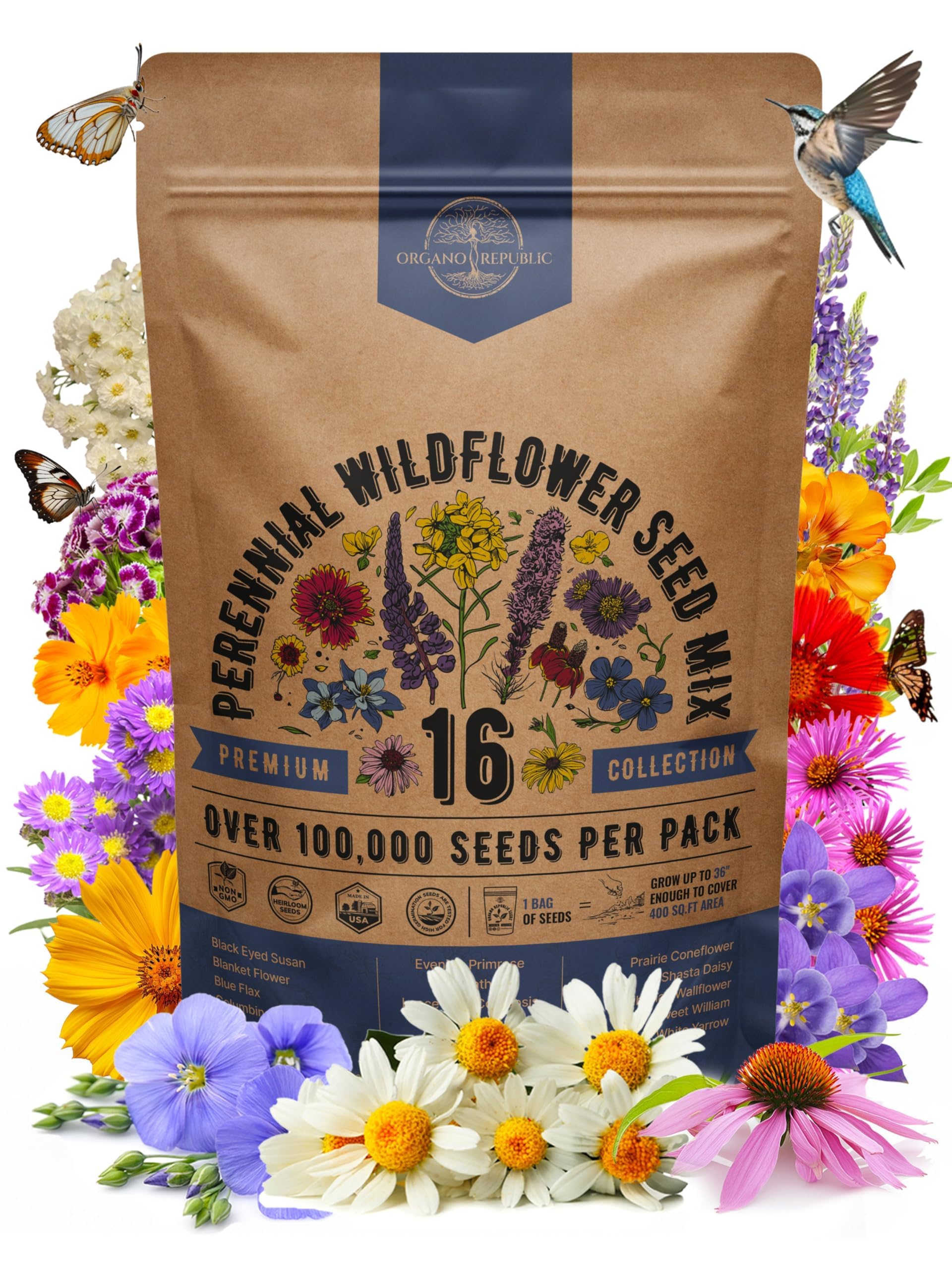 Organo Republic 16 Perennial Wildflower Seeds Mix – hero image attracting pollinators.