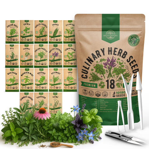 Organo Republic 18 herbs seed pack showing heirloom seeds for versatile cooking.