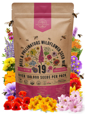 Organo Republic 19-Seed Wildflower Mix packet ready for planting and pollinator-friendly color