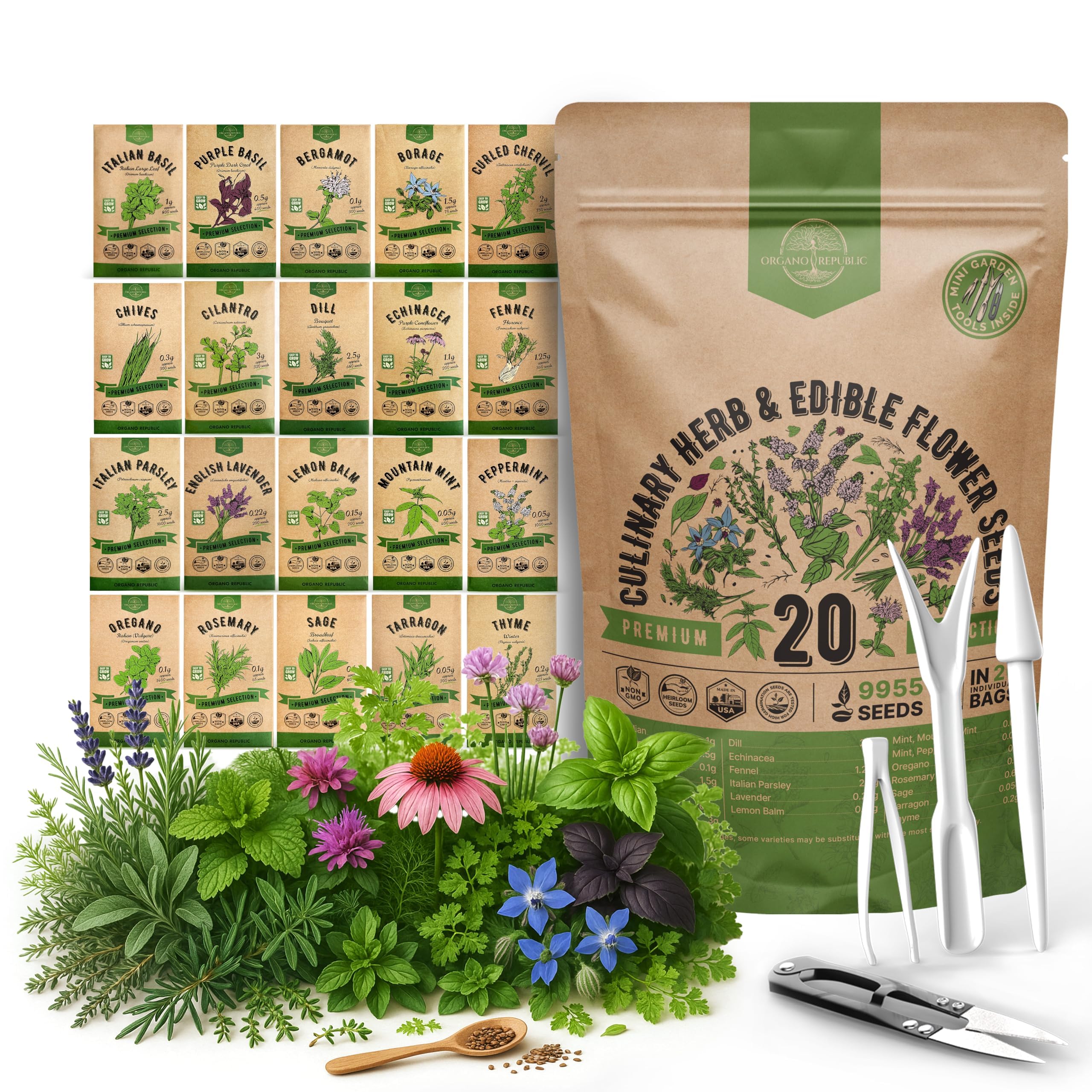 Organo Republic 20-seed herb and edible flower collection for home gardening.