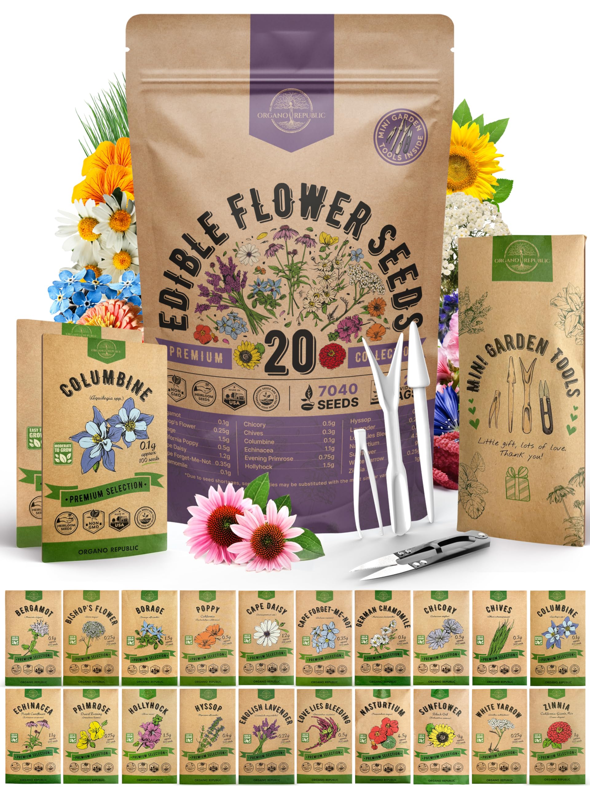 Organo Republic 20-edible-flower-seeds kit for indoor-outdoor gardening.