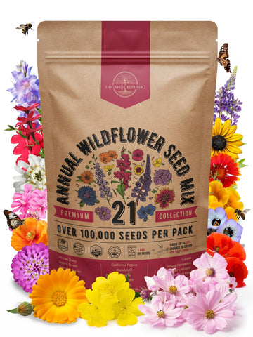 Organo Republic 21-annual wildflower seeds pack ready for planting and pollinator support.