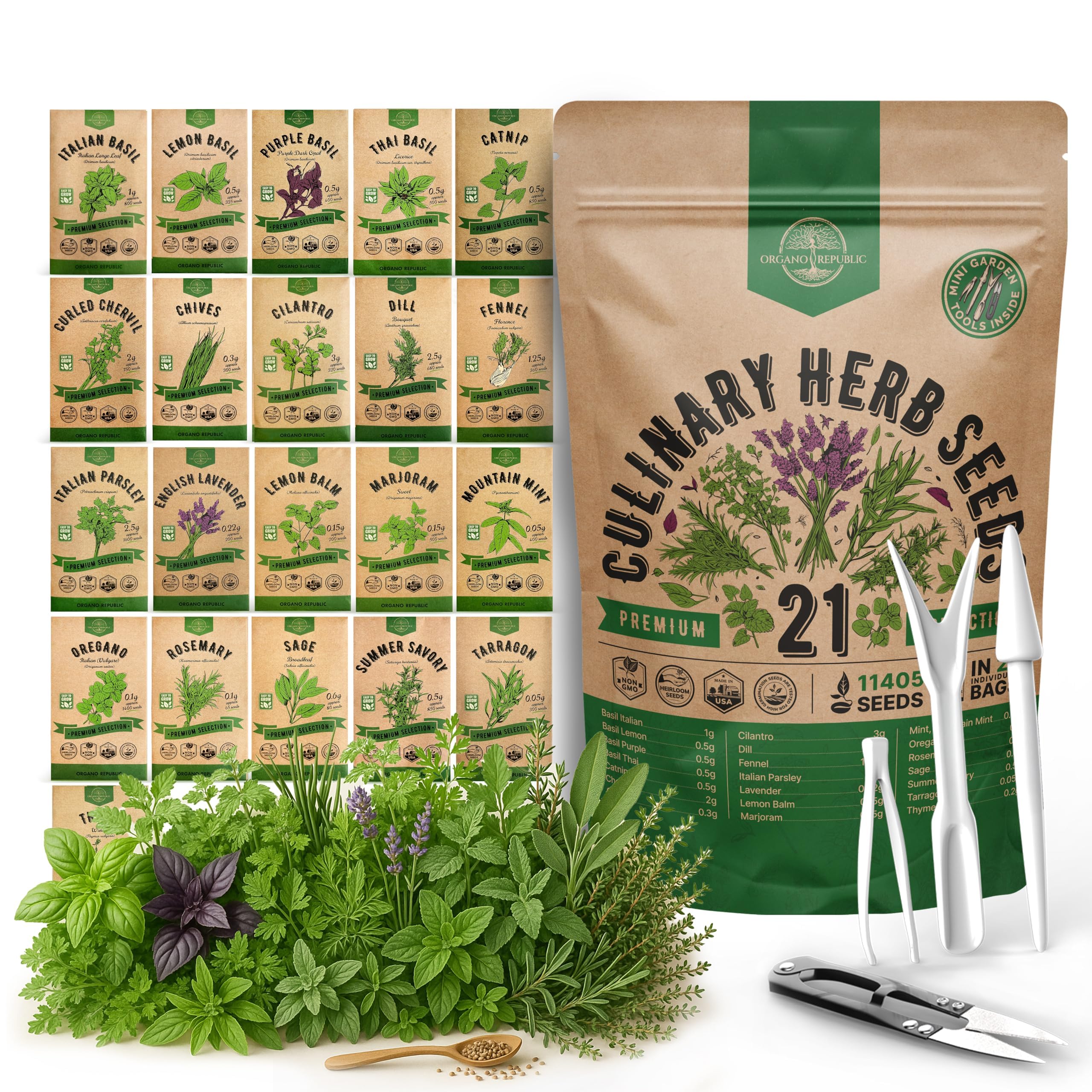 Organo Republic 21 culinary herb seeds pack for home growing and year-round harvests.