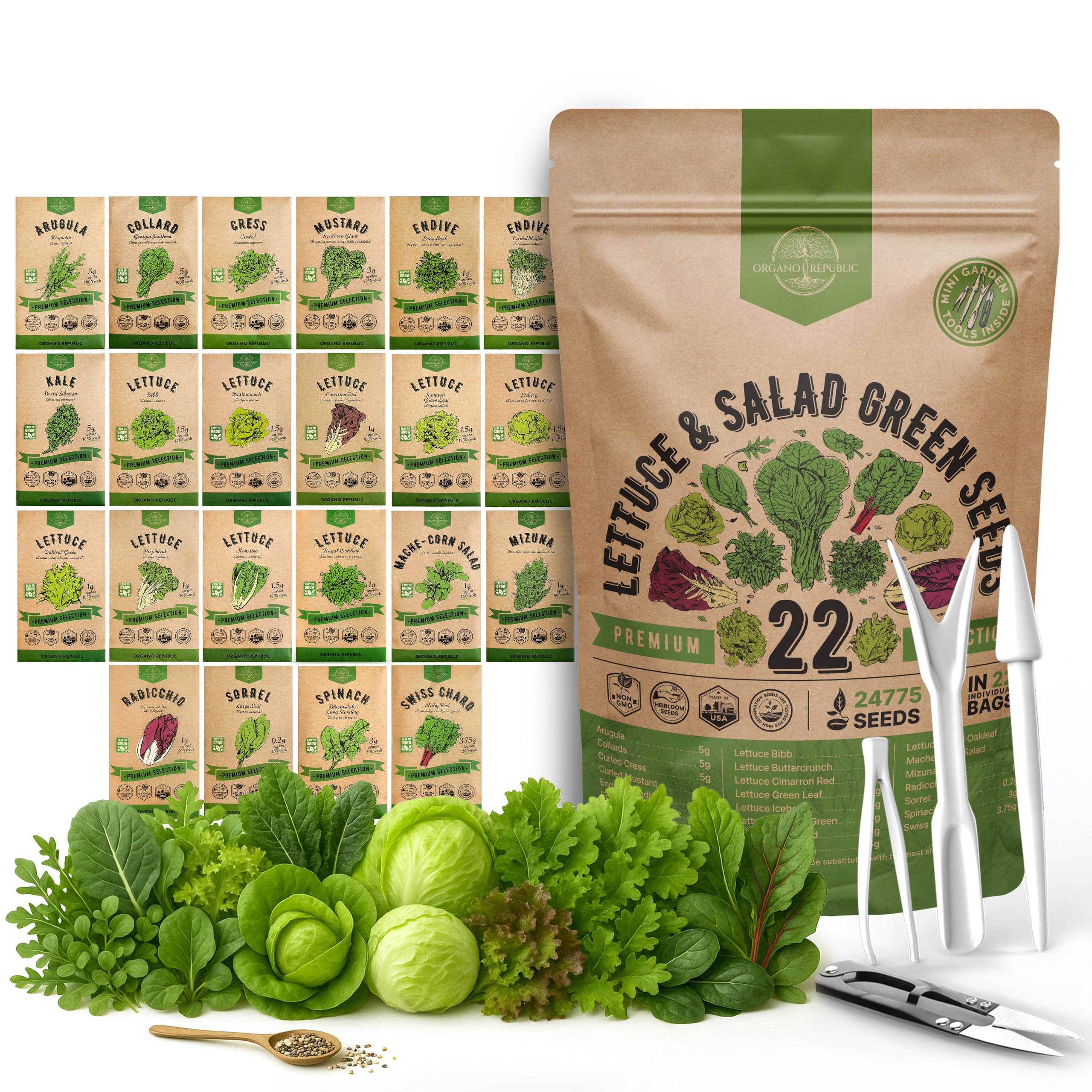 Organo Republic 22 Lettuce Seeds variety pack cover with diverse heirloom greens for home gardens.