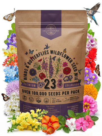 Organo Republic 23 Wildflower Seeds Pack Front, ideal for pollinator-friendly gardens.