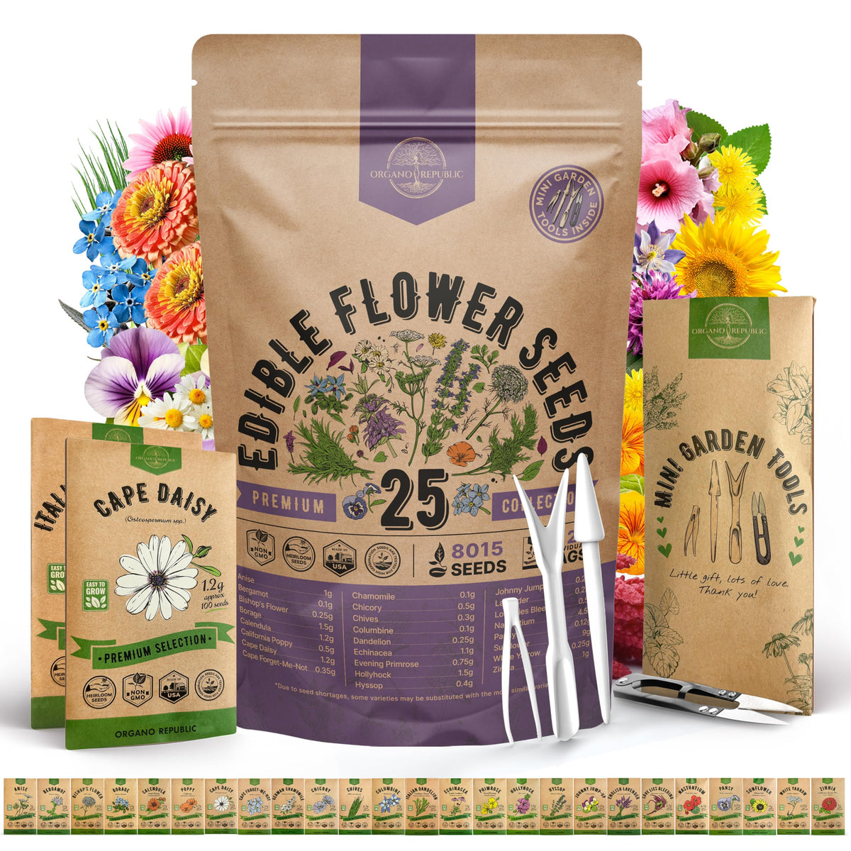 Organo Republic 25 edible flower seeds variety pack for indoor and outdoor planting