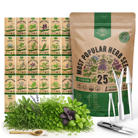 Organo Republic 25-seed herb variety pack inside resealable bag for versatile gardening.
