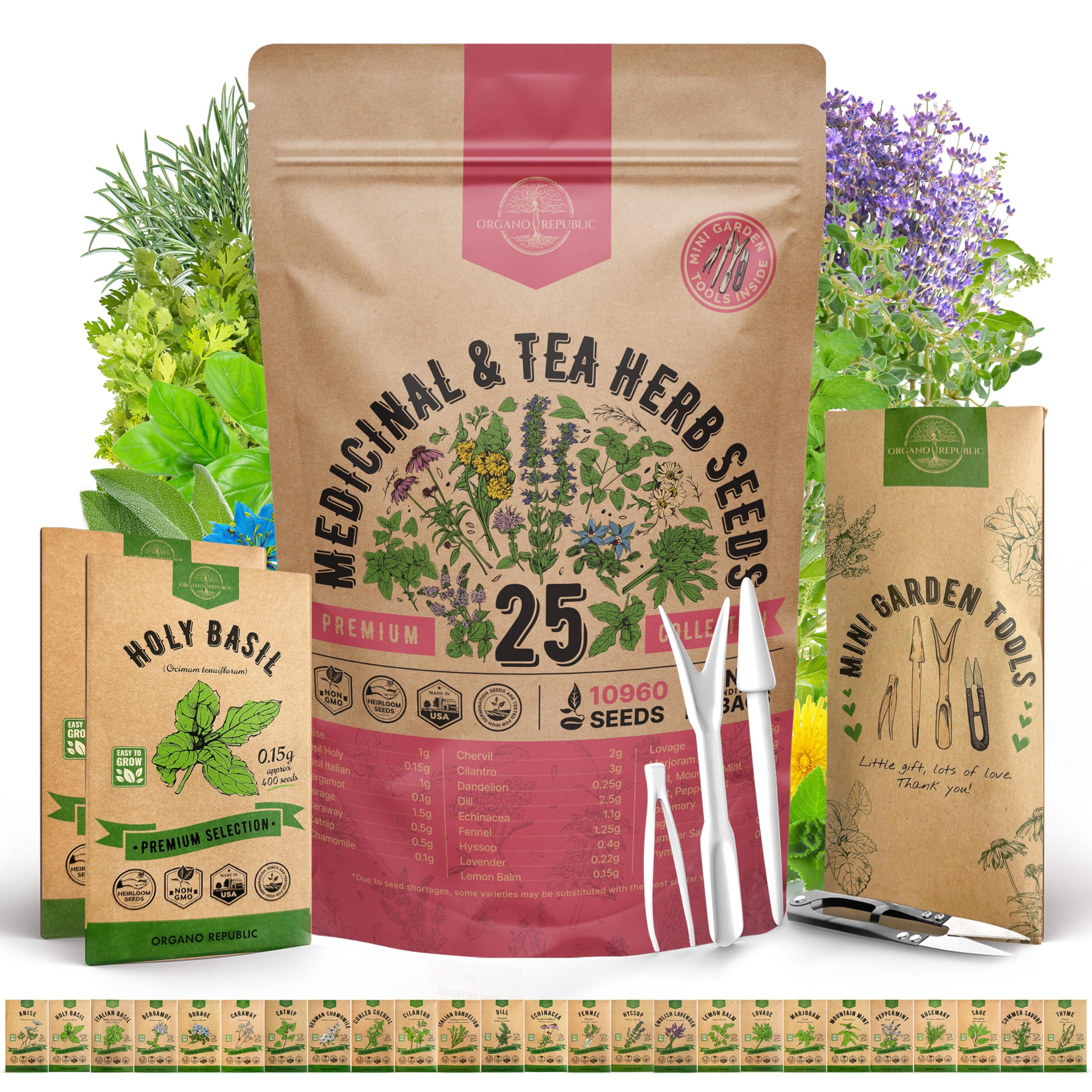 Organo Republic 25-seed variety pack inside a waterproof bag for year-round growing