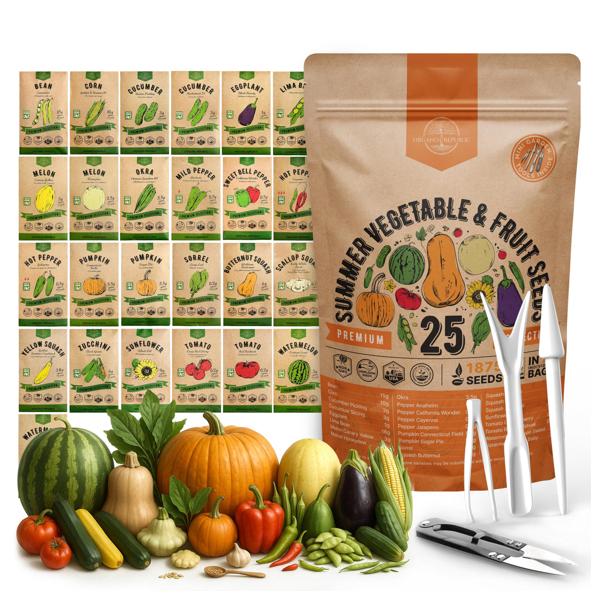 Organo Republic 25 seeds summer pack front view ready for home planting