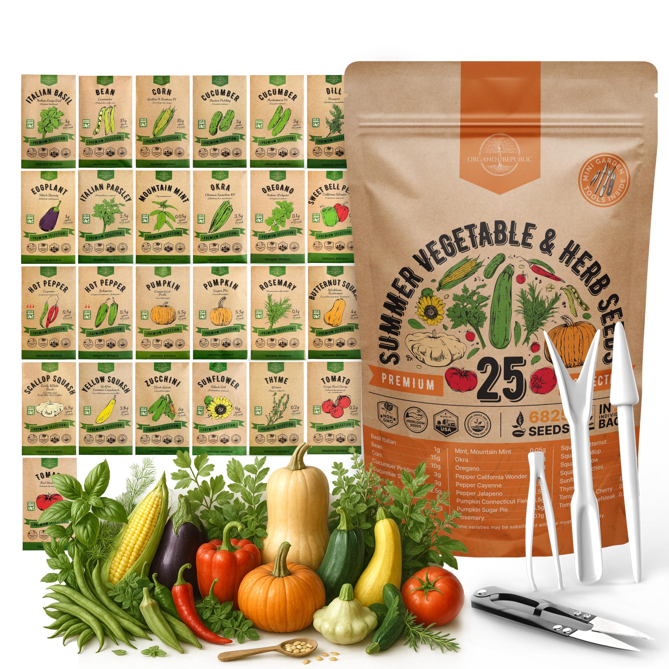 Organo Republic seed pack cover showcasing 25 summer varieties for vibrant home gardens