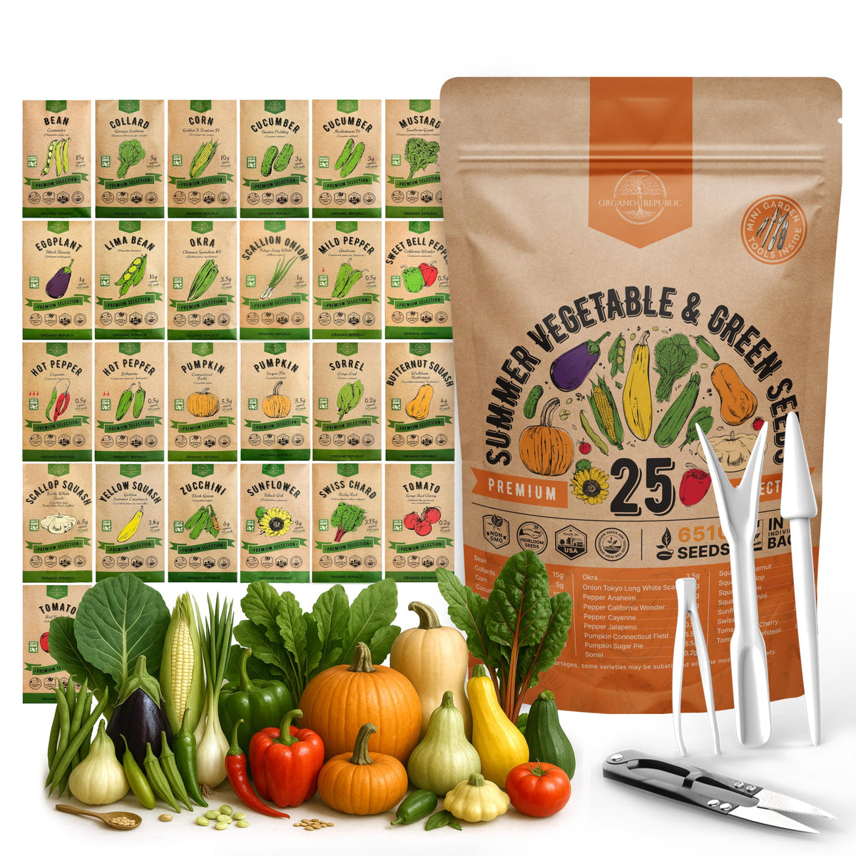 Organo Republic 25-summer seed pack inside bag supports versatile indoor and outdoor gardening.