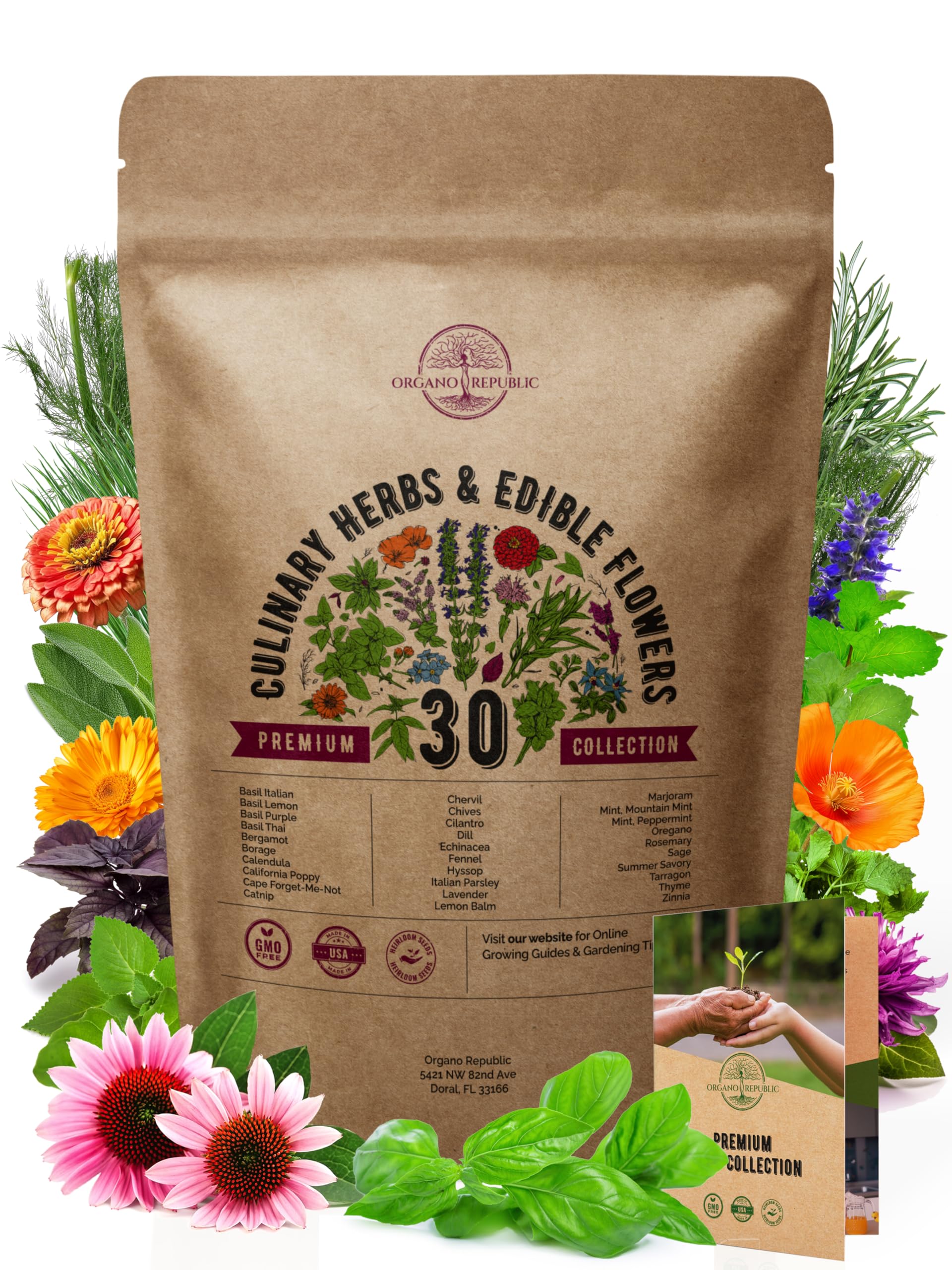 Organo Republic seed packaging displaying 30 culinary herbs for indoor and outdoor gardening