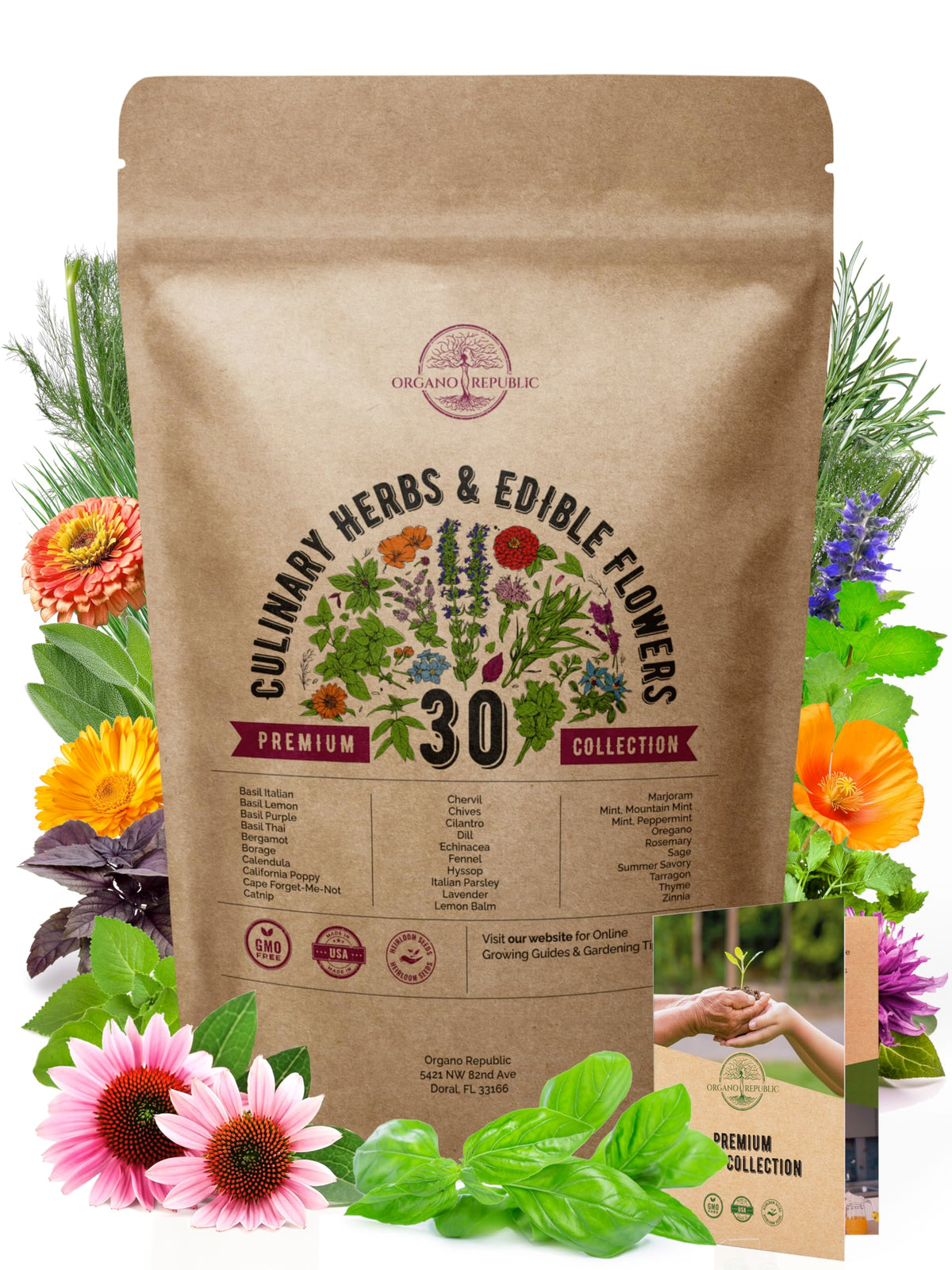 Organo Republic seed packaging displaying 30 culinary herbs for indoor and outdoor gardening
