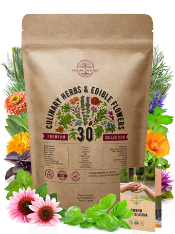 Organo Republic seed packaging displaying 30 culinary herbs for indoor and outdoor gardening