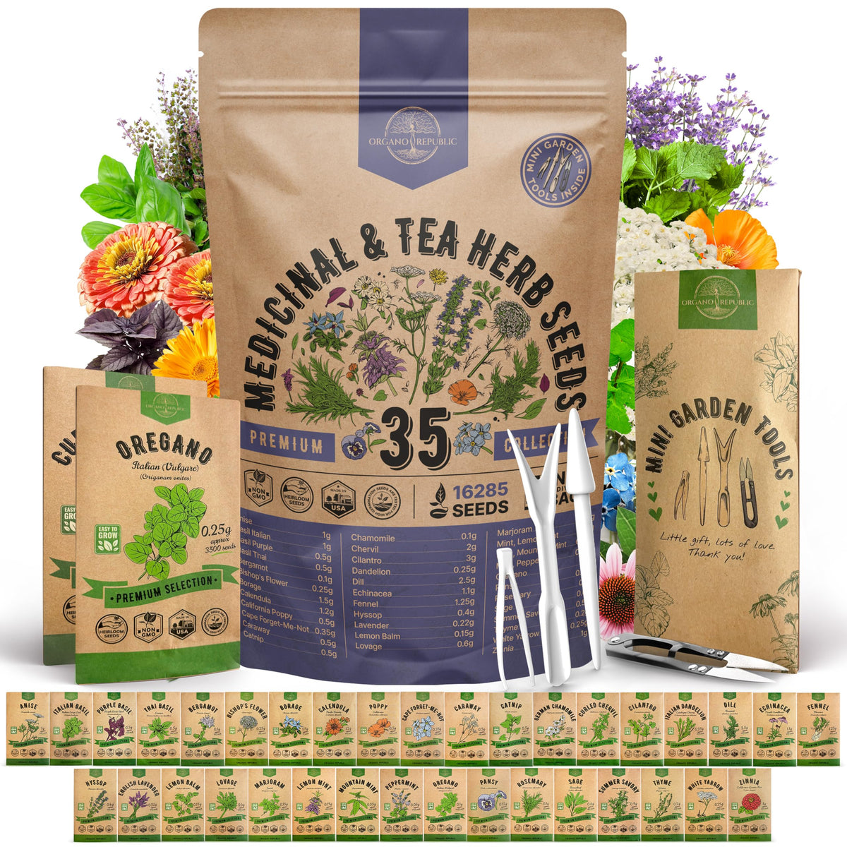 Organo Republic 35-seeds pack close-up; diverse herbs for indoor windowsill herb garden