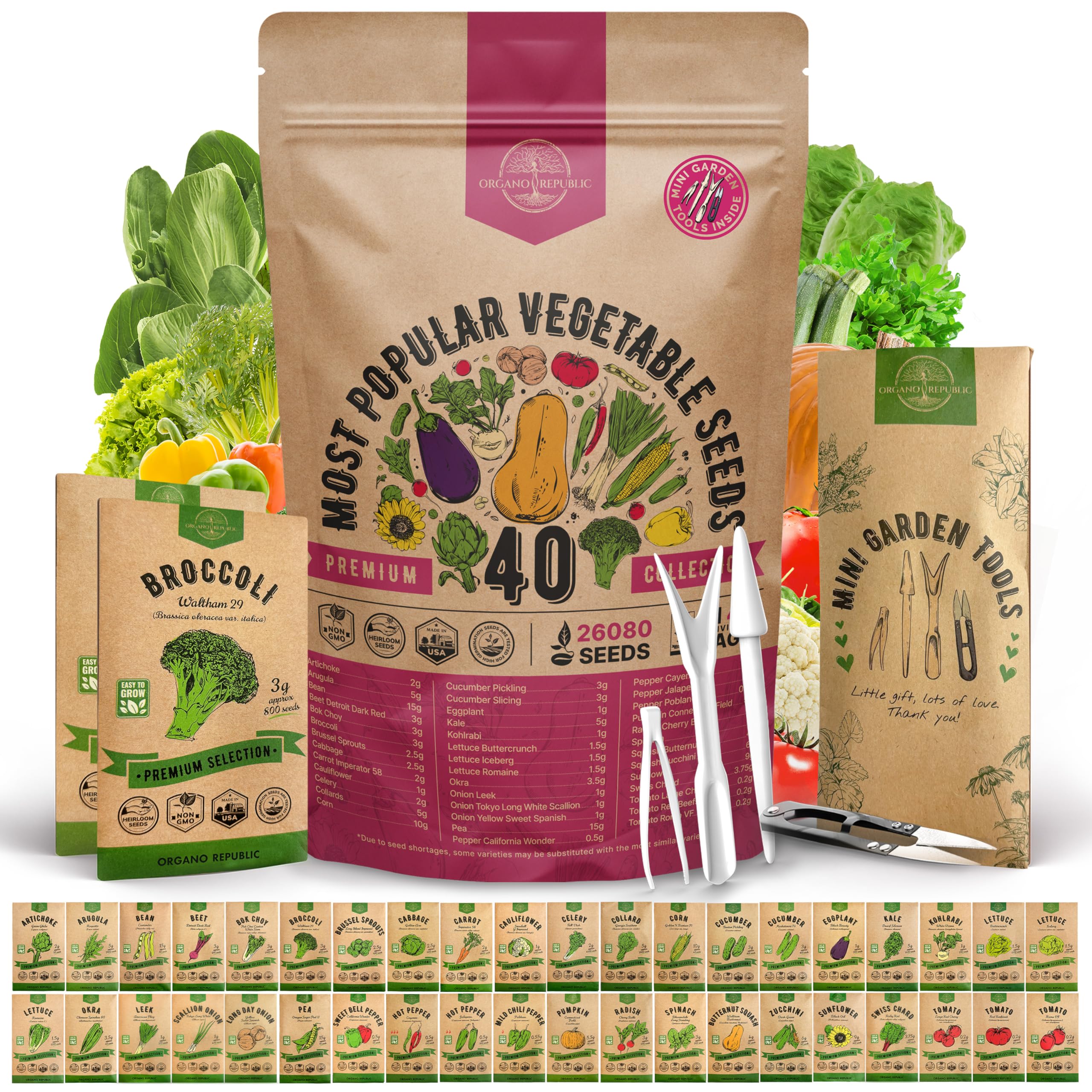 Organo Republic 40-seed variety pack for a diverse home garden and harvests