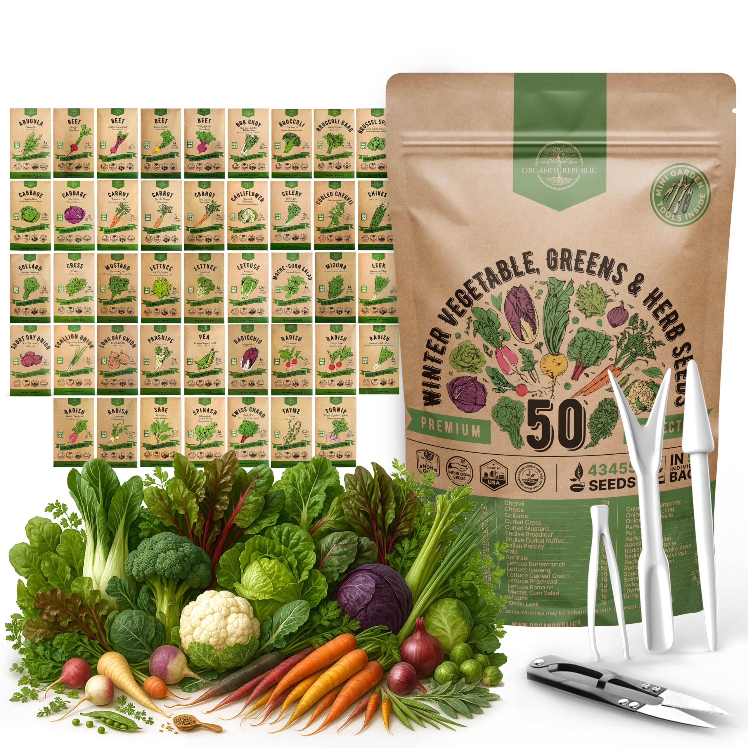 Organo Republic 50-winter seeds pack with diverse heirloom varieties for year-round harvest