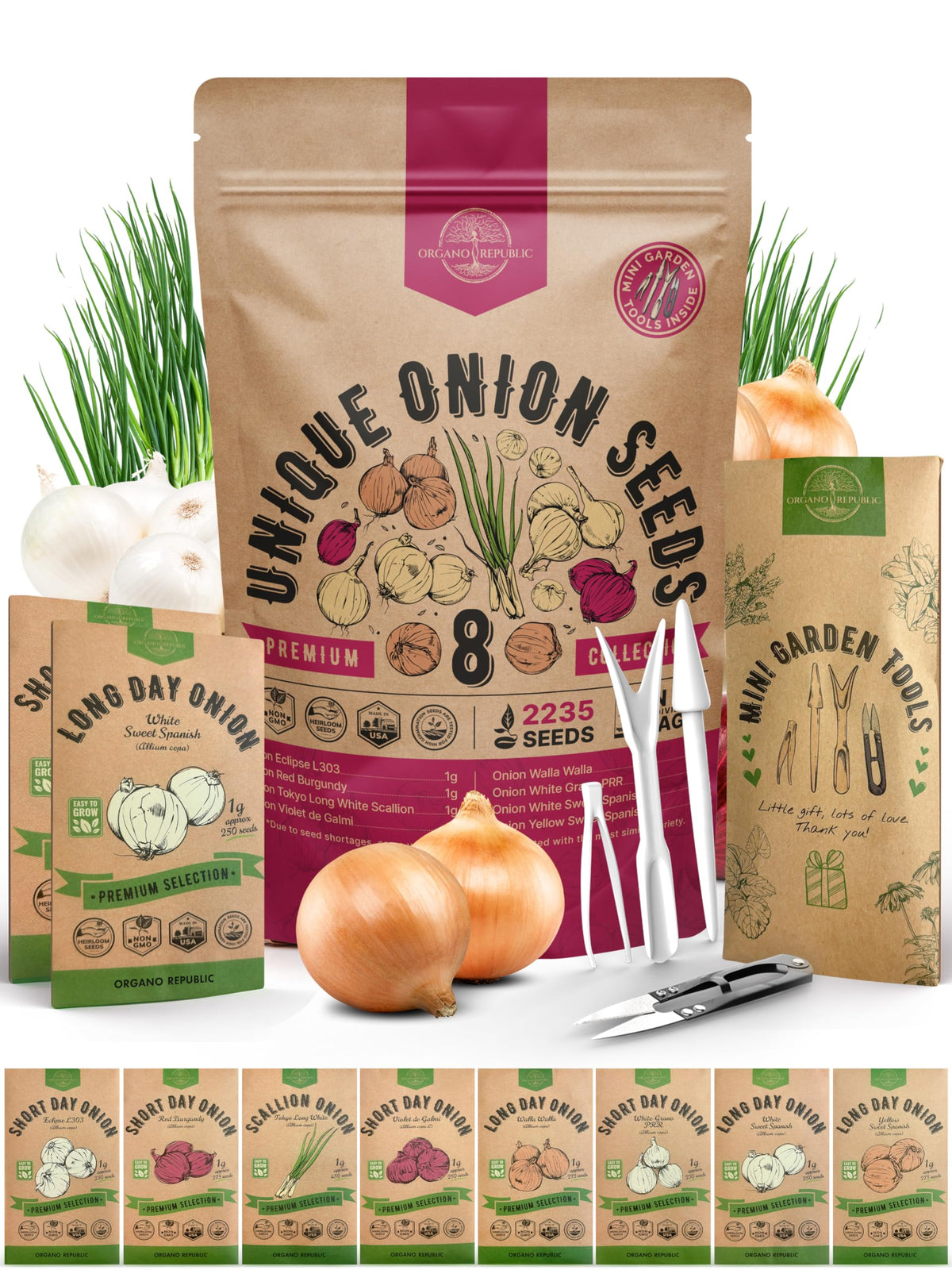 Organo Republic 8 onion seeds pack in waterproof bag for indoor or outdoor gardening.