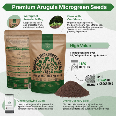Organo Republic arugula seeds bag closeup, resealable 4 oz pack supports long-term storage.