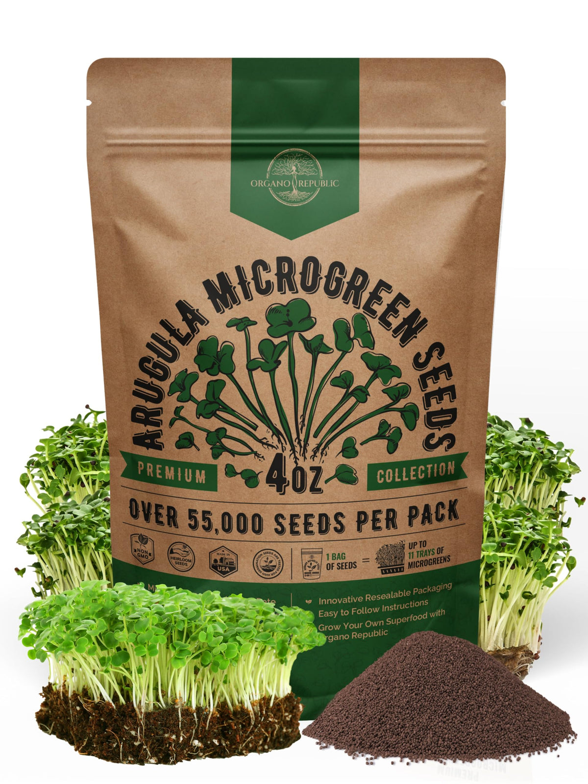 Organo Republic arugula seeds pack front, high-viability heirloom seeds for home sprouting.