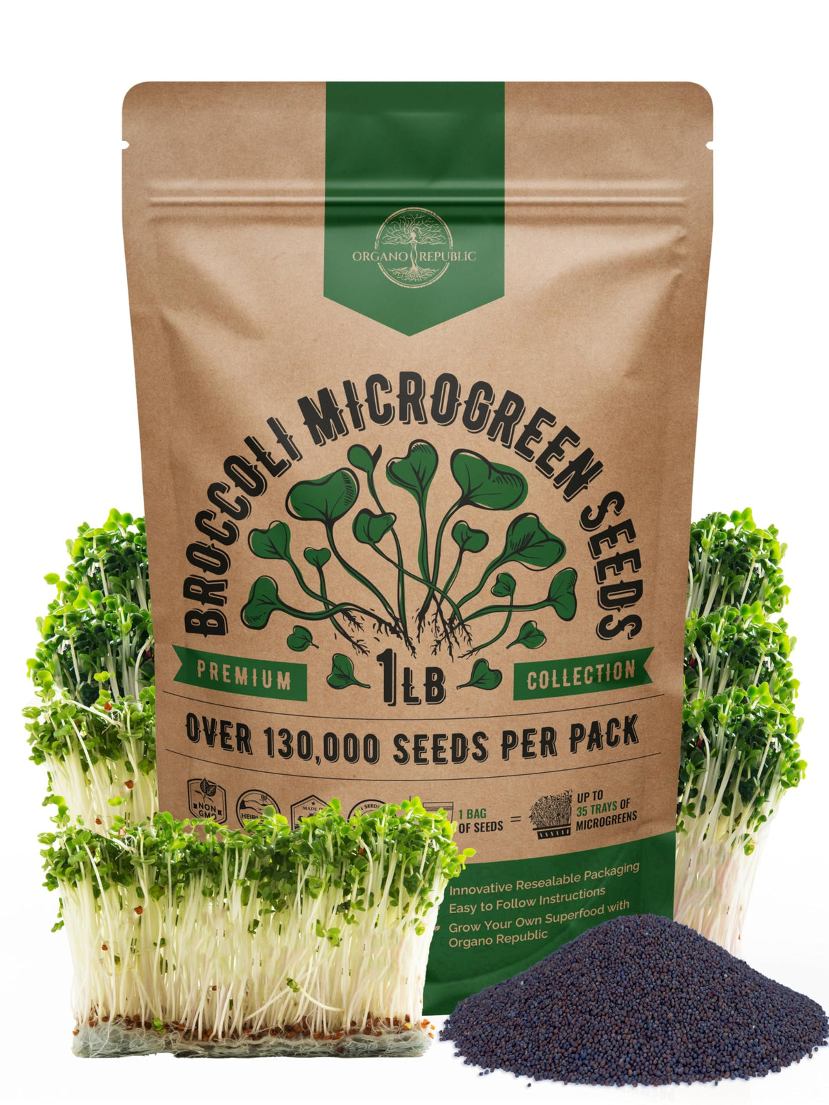 Organo Republic broccoli sprouting seeds in a resealable 1lb bag for year-round microgreens.