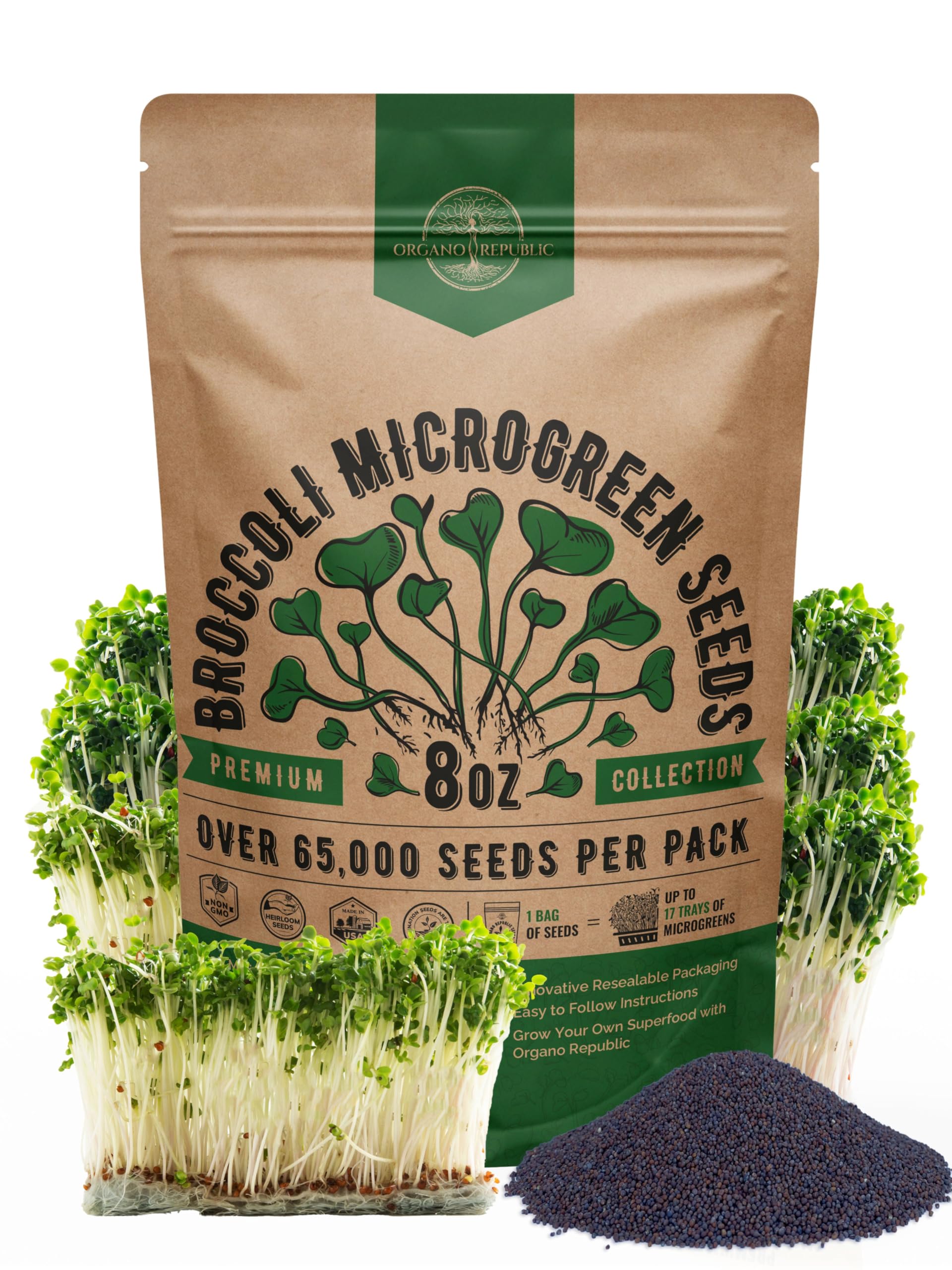 Organo Republic broccoli sprouting seeds in an 8oz bag ready for home planting.