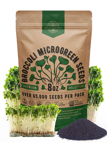 Organo Republic broccoli sprouting seeds in an 8oz bag ready for home planting.