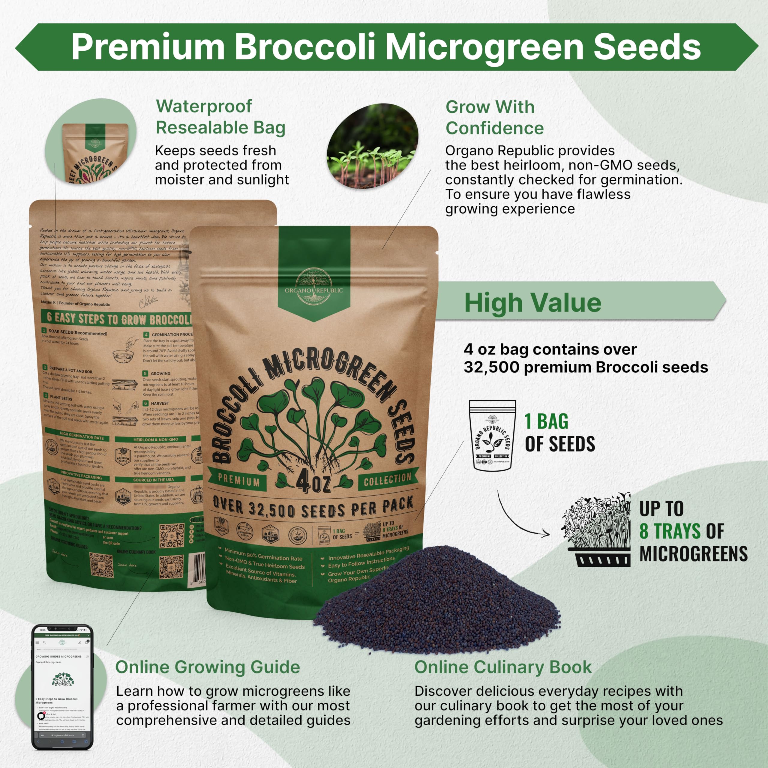 Organo Republic broccoli seeds close-up showing heirloom quality and strong germination potential.