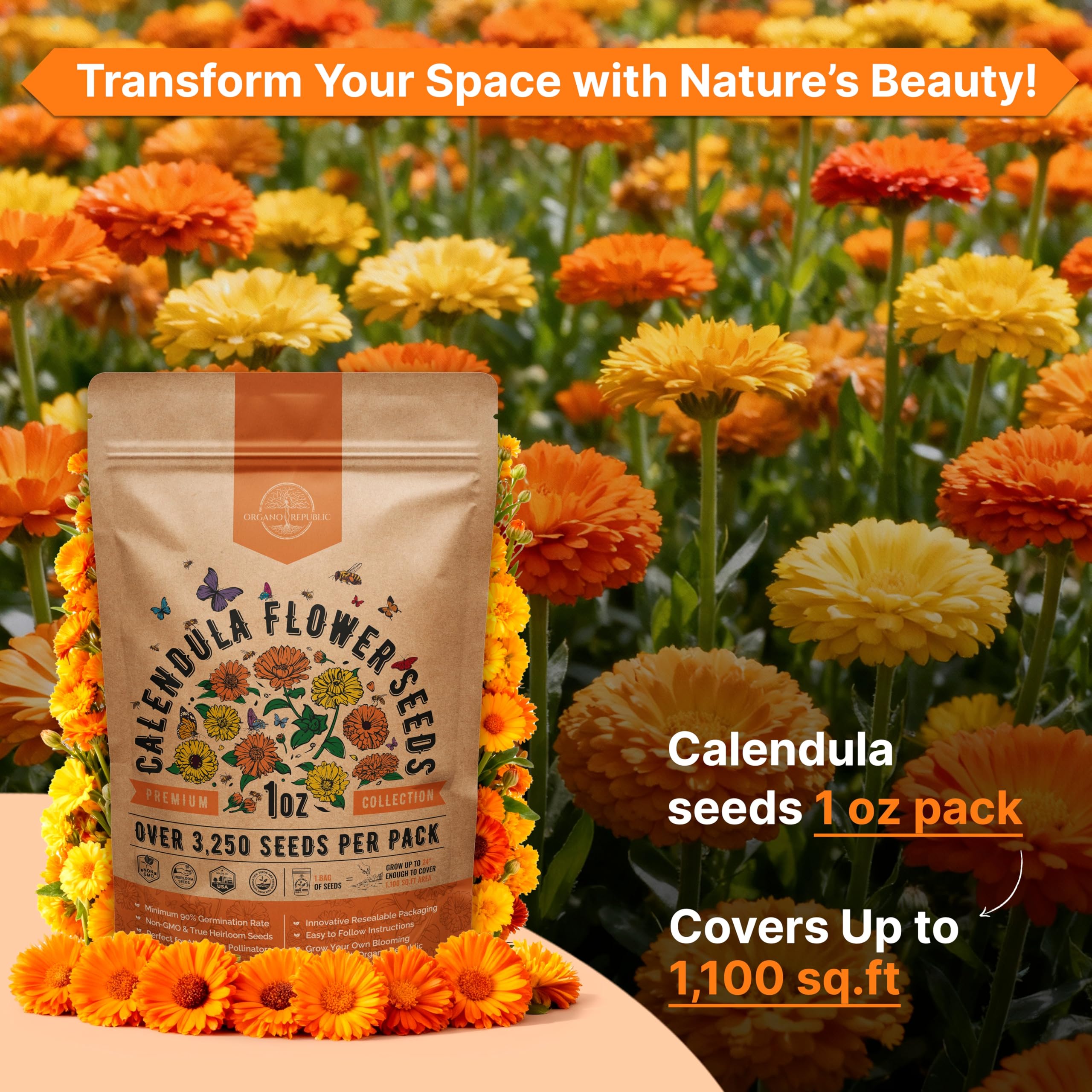 Organo Republic calendula blooms in orange and yellow colors.