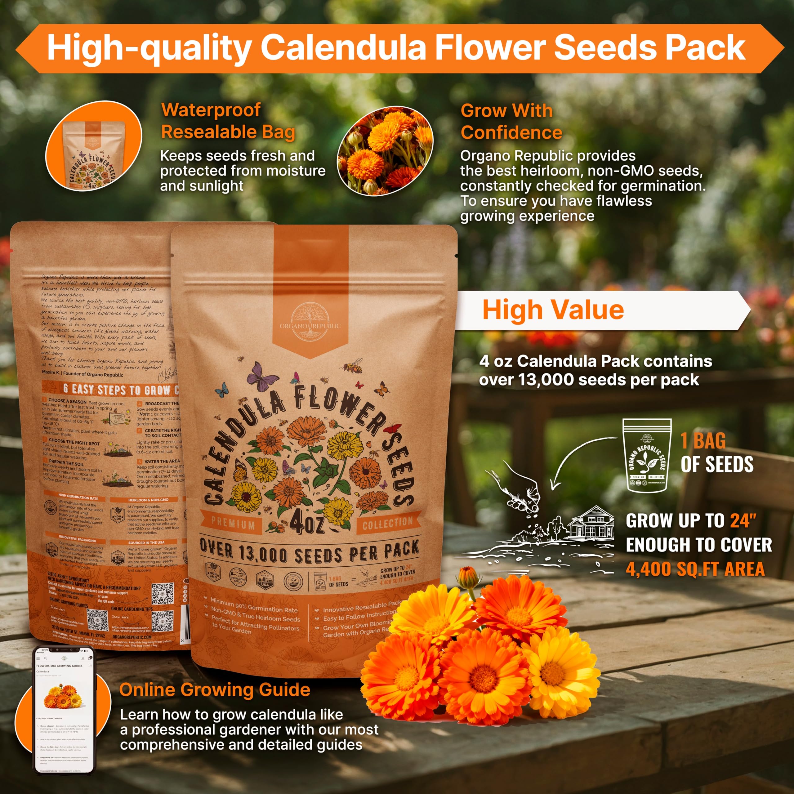 Waterproof seed bag protects calendula seeds, preserving freshness.