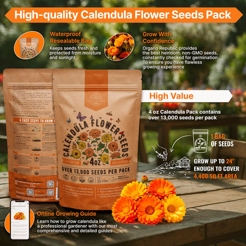 Waterproof seed bag protects calendula seeds, preserving freshness.
