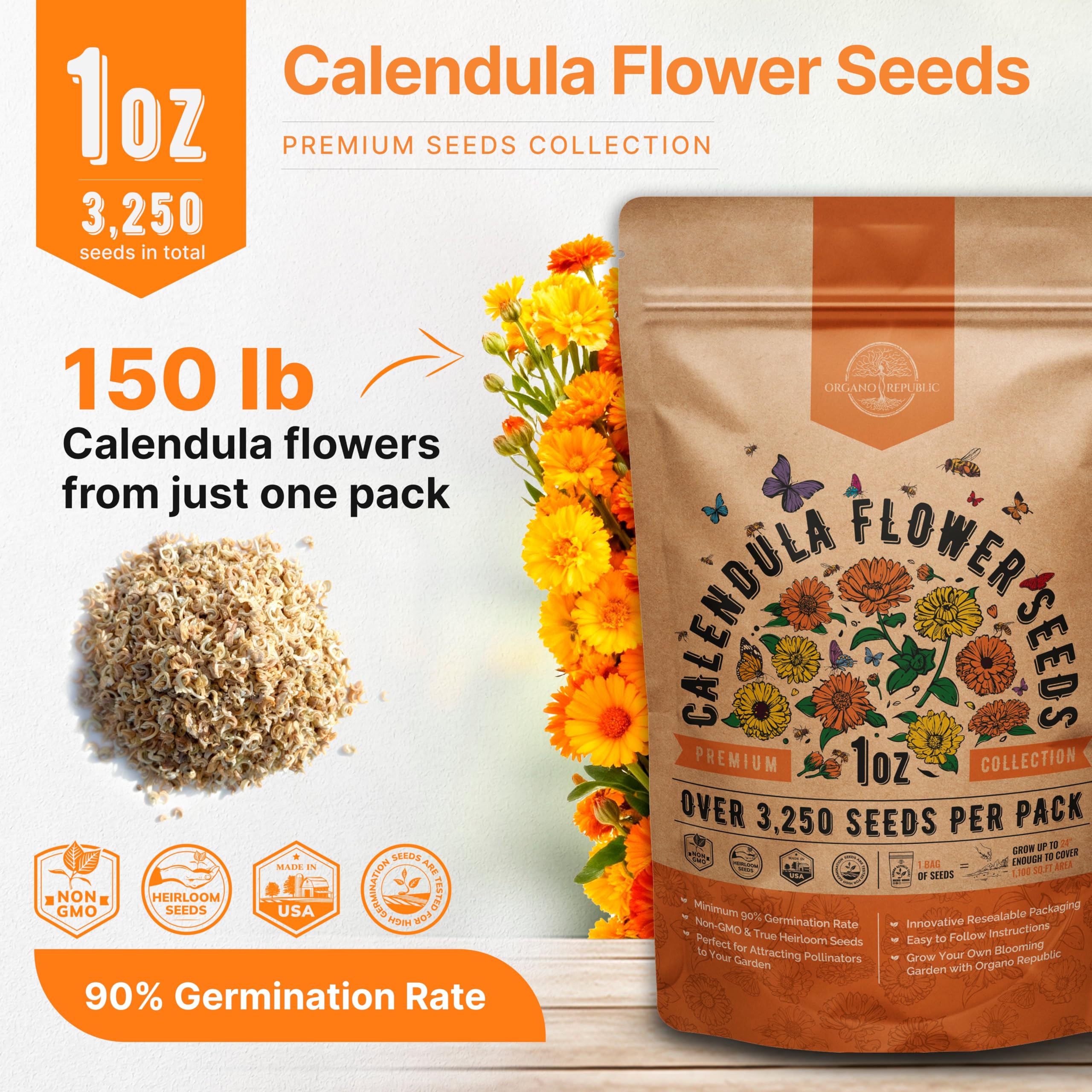 Organo Republic calendula seeds pack close-up showing moisture-proof packaging.