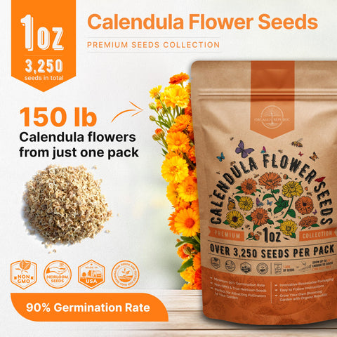 Organo Republic calendula seeds pack close-up showing moisture-proof packaging.