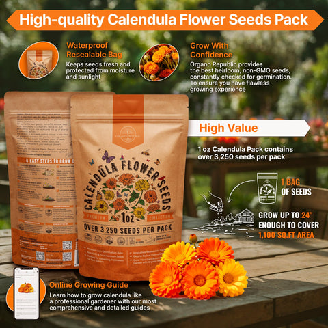 Organo Republic calendula seeds pack QR code links to online growing guide.