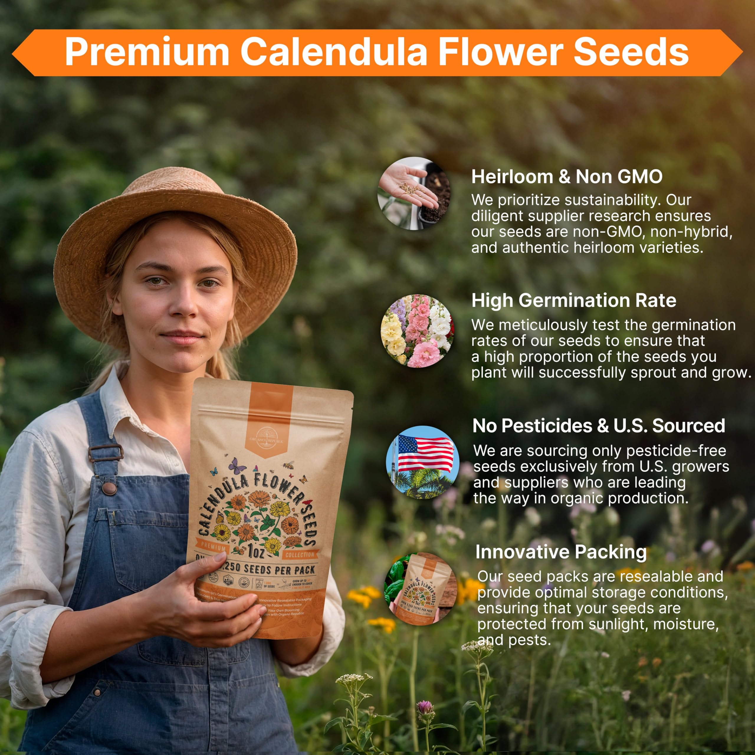 Organo Republic calendula seeds pack storage packaging preserves freshness up to 2 years.