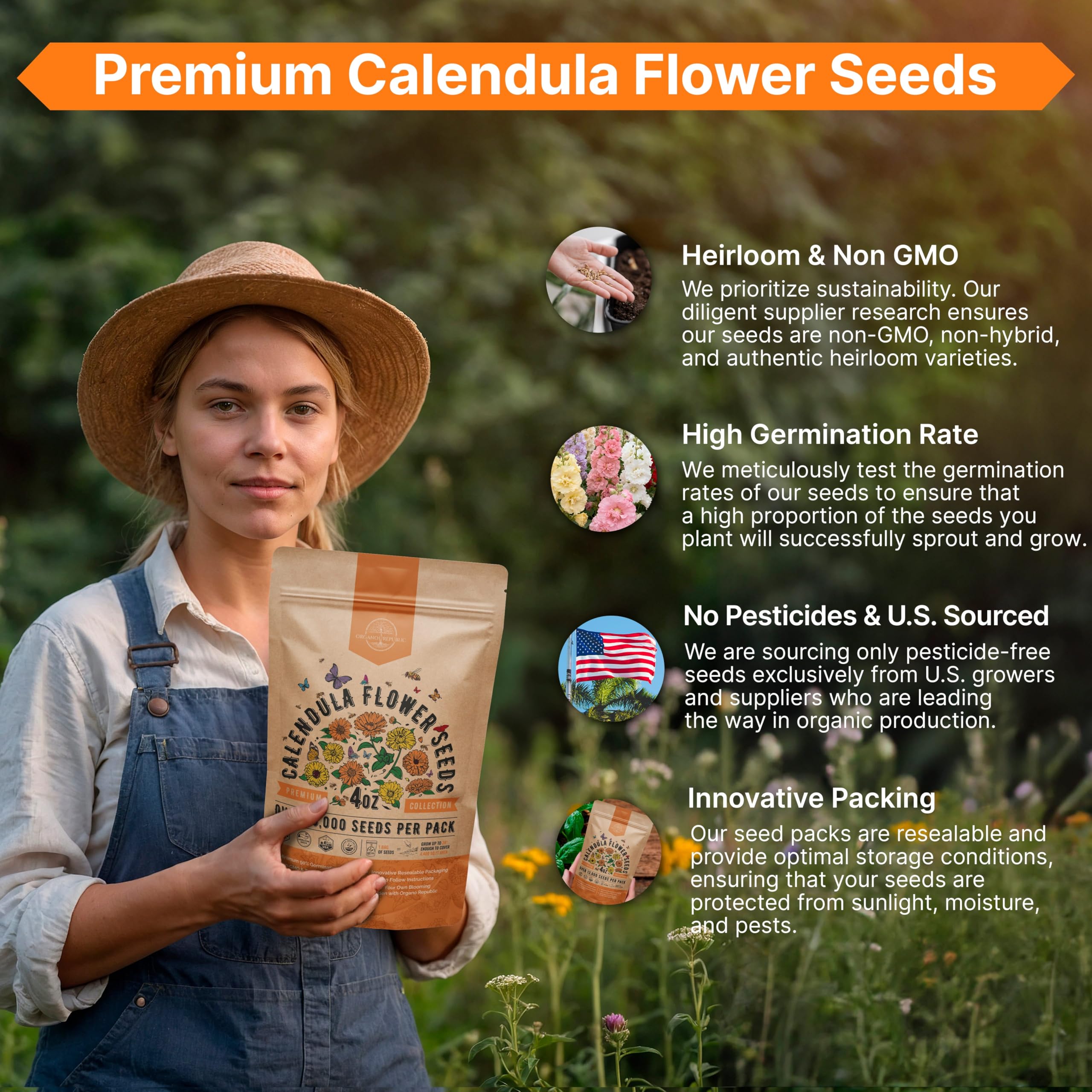 US-sourced calendula seeds from a Florida family facility.