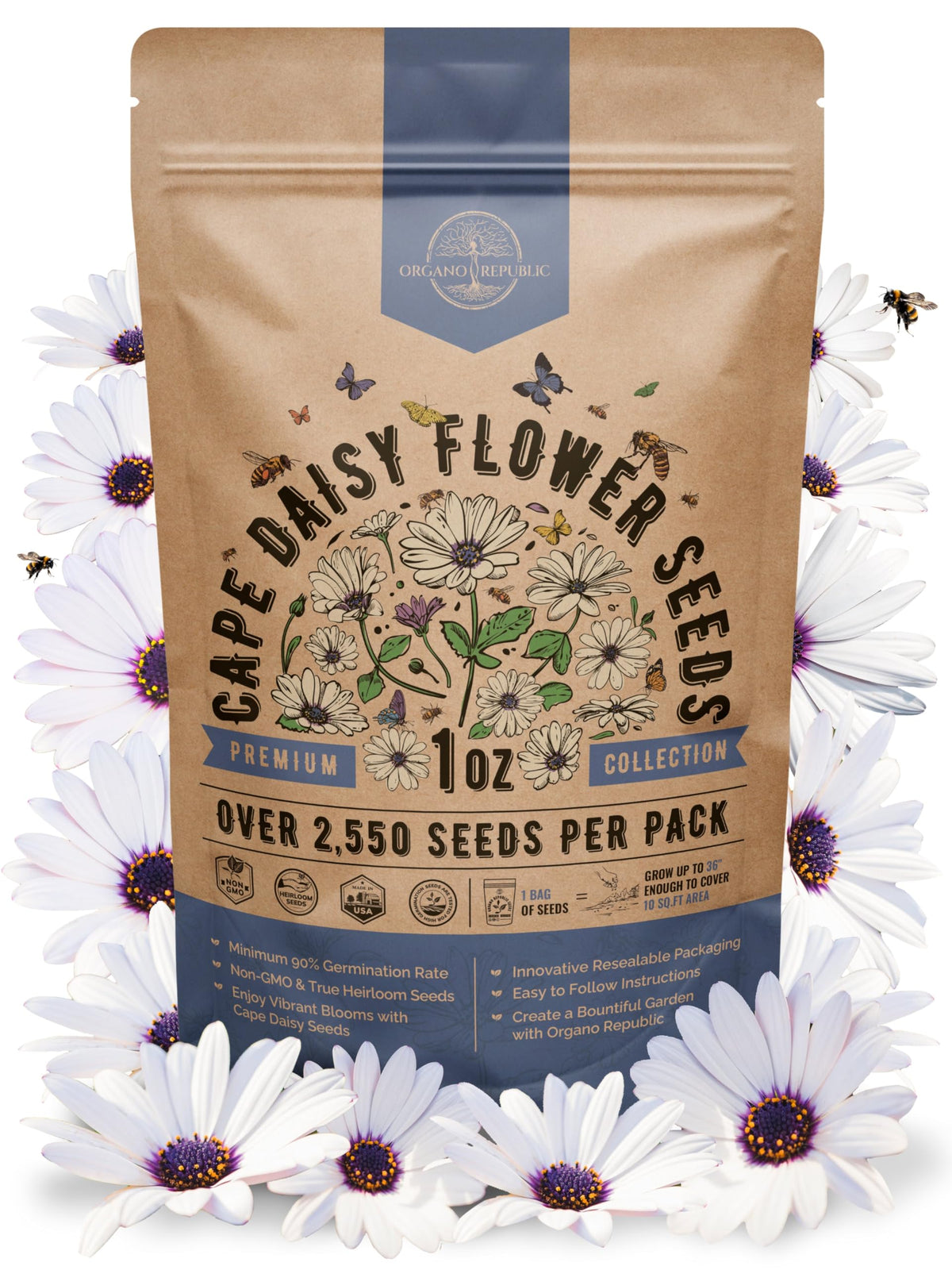 Organo Republic Cape Daisy seeds pack ready for planting and storage.