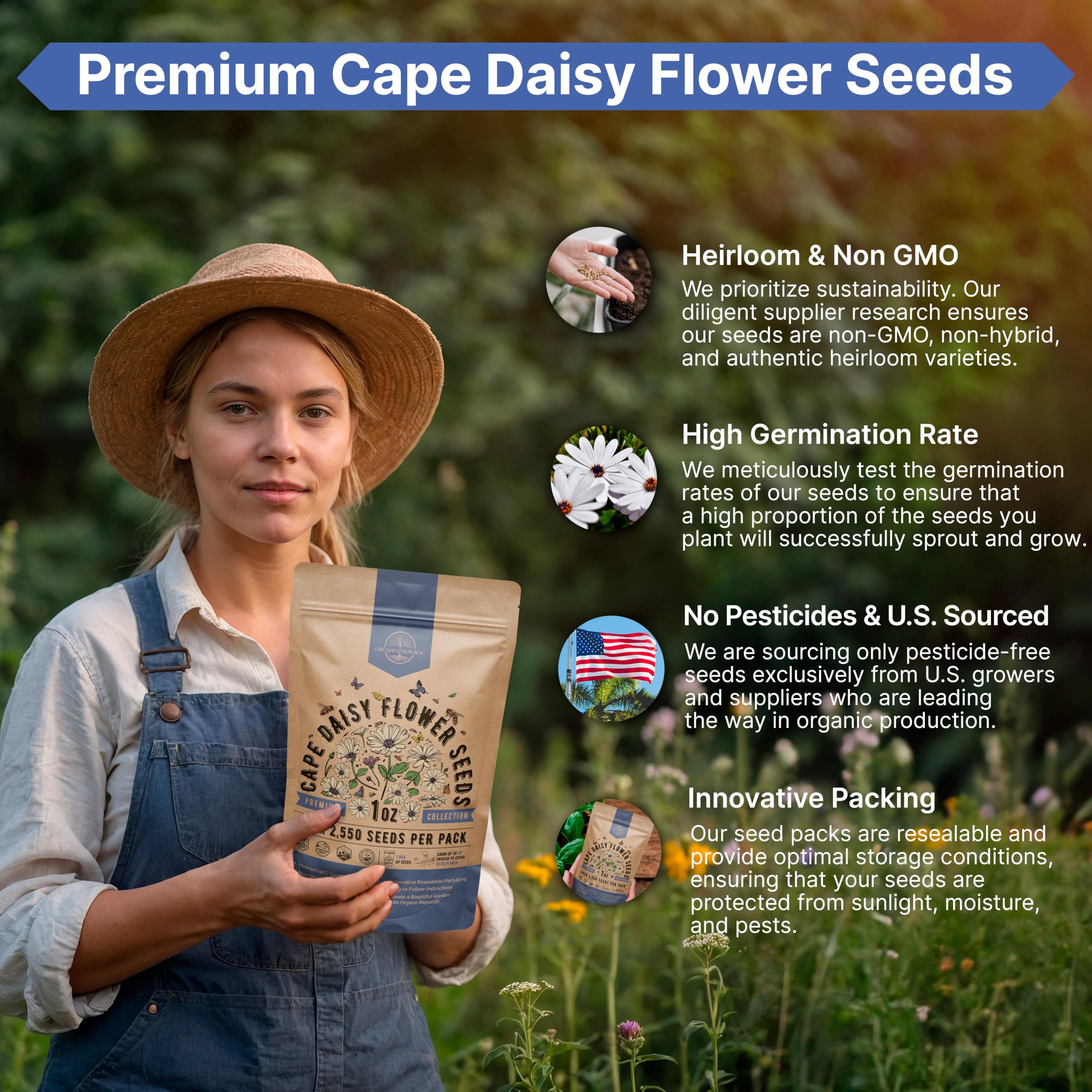 Organo Republic cape daisy seeds sourced from US suppliers and packaged in Florida.