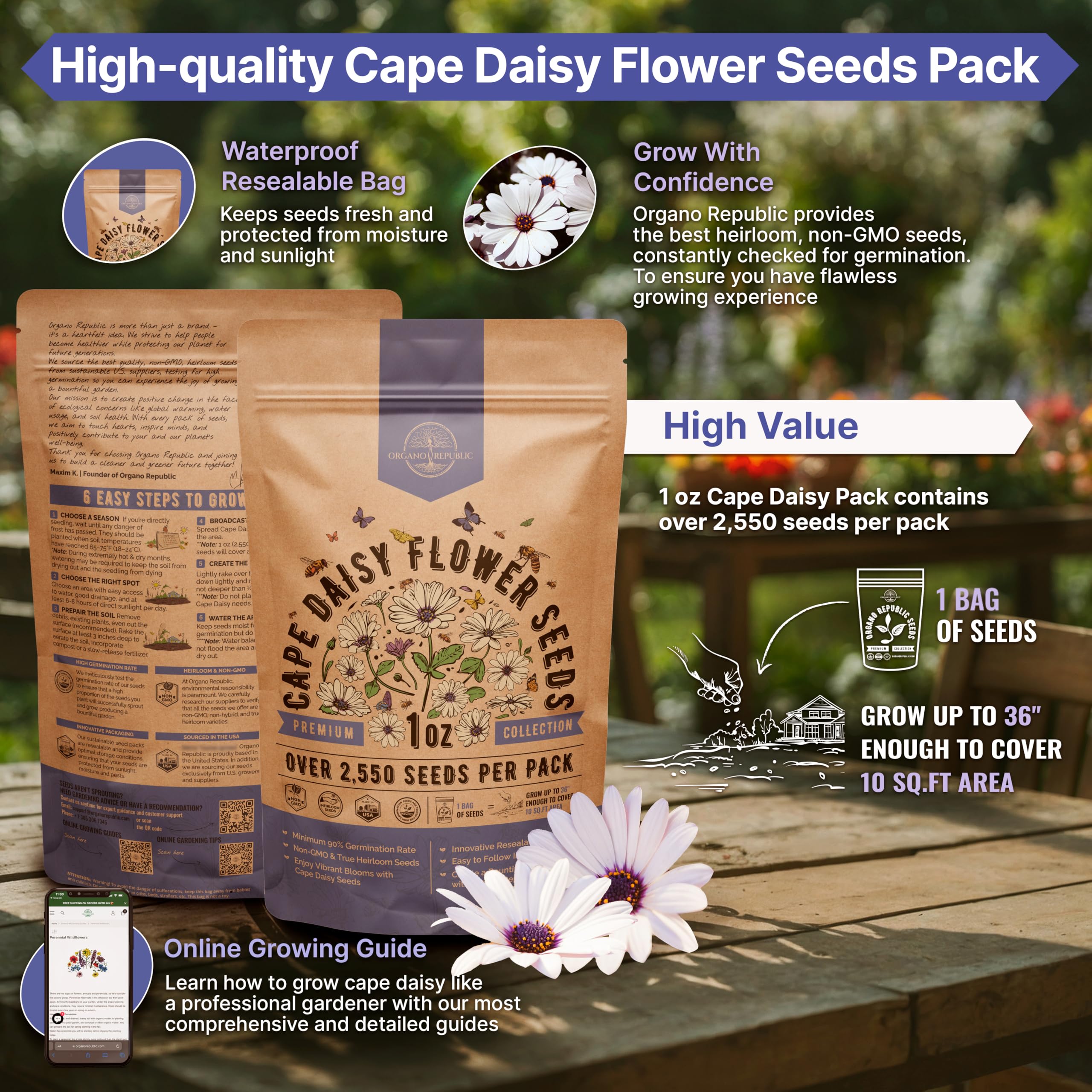 Organo Republic cape daisy seeds in a waterproof bag protect moisture and light.