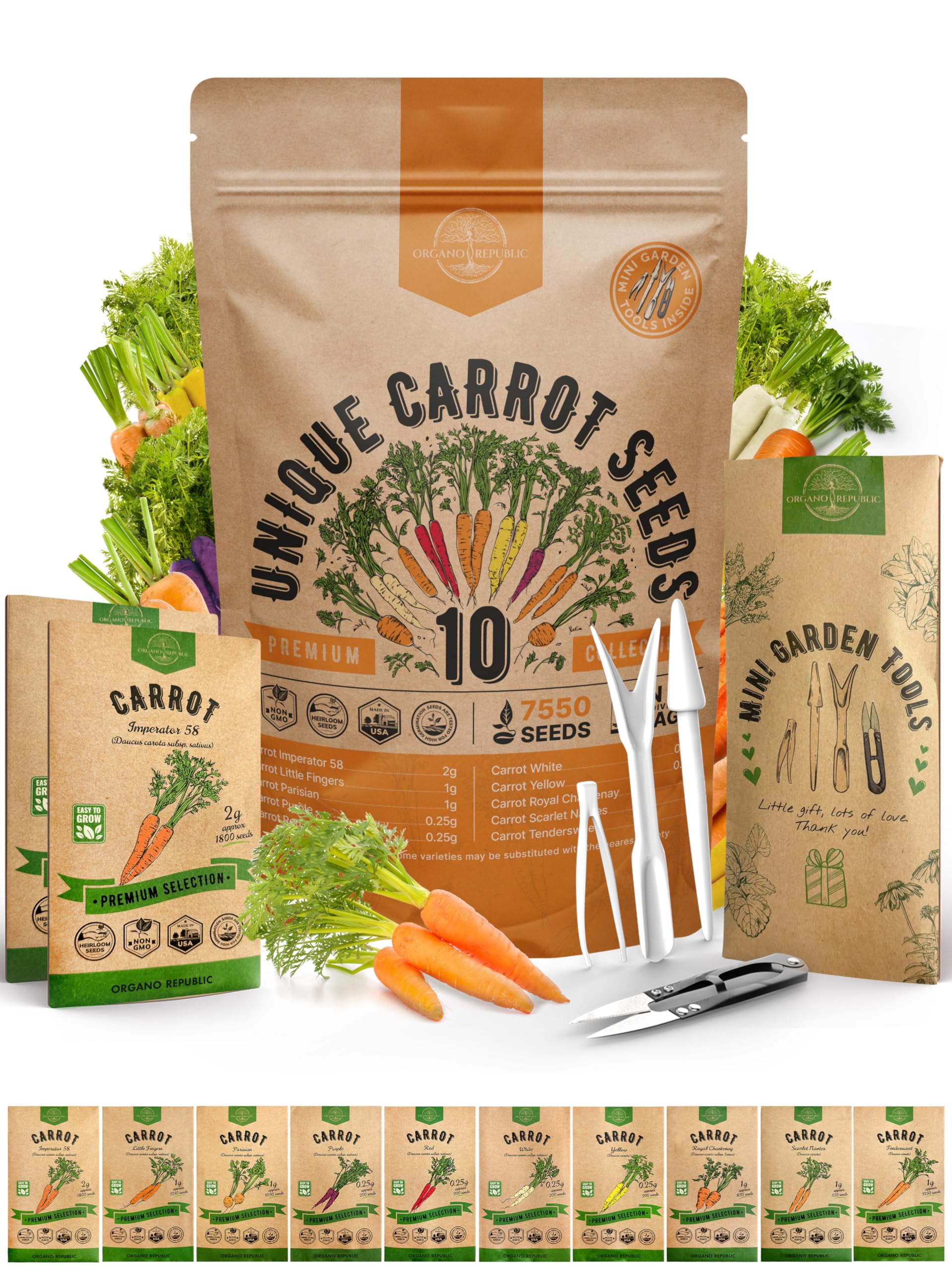 Organo Republic carrot seeds pack with 10 seed packets for versatile indoor and outdoor gardening.
