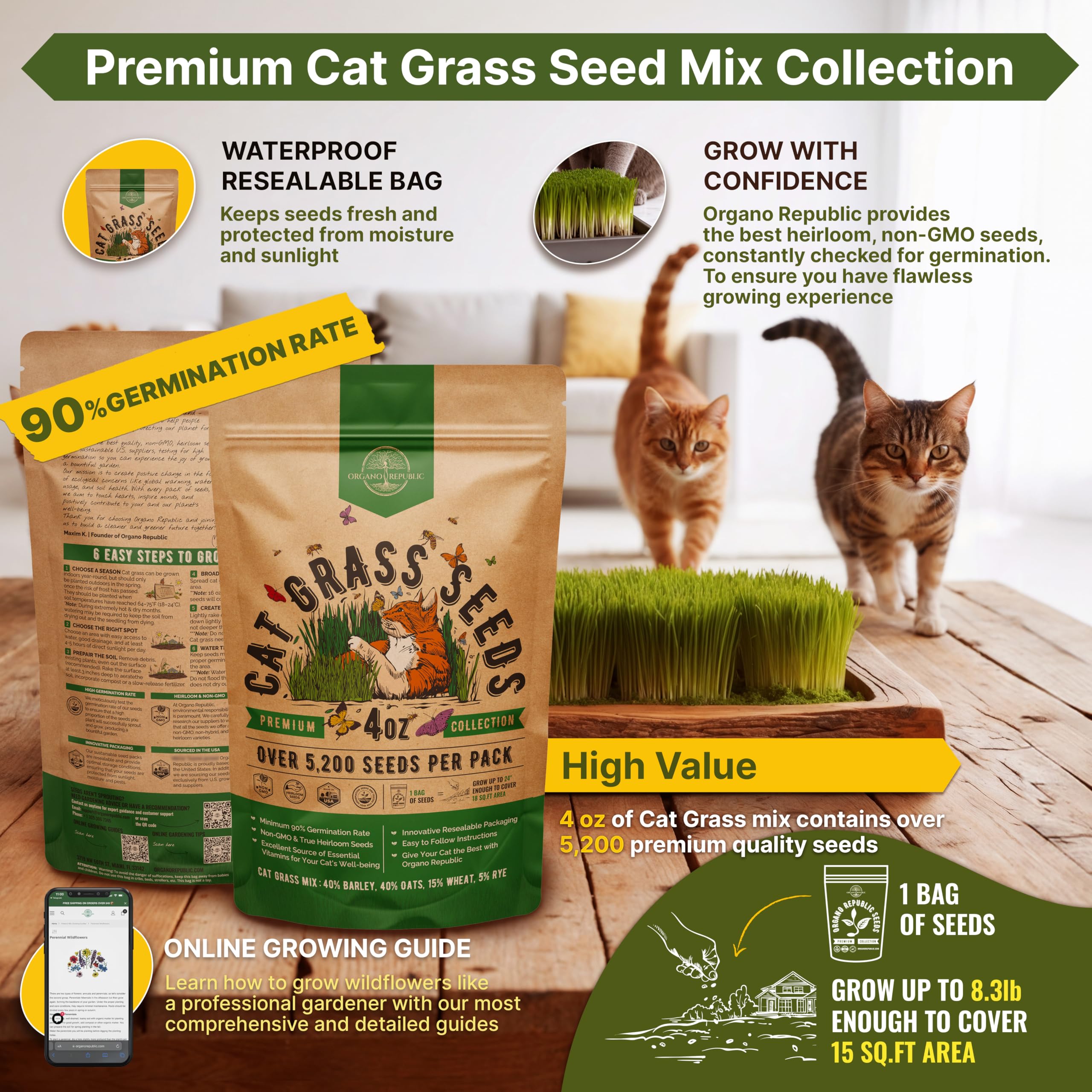 Organo Republic Cat Grass Seeds Mix germination rate illustration highlights high vitality